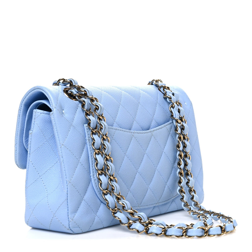 Caviar Quilted Small Double Flap Light Blue At My store
