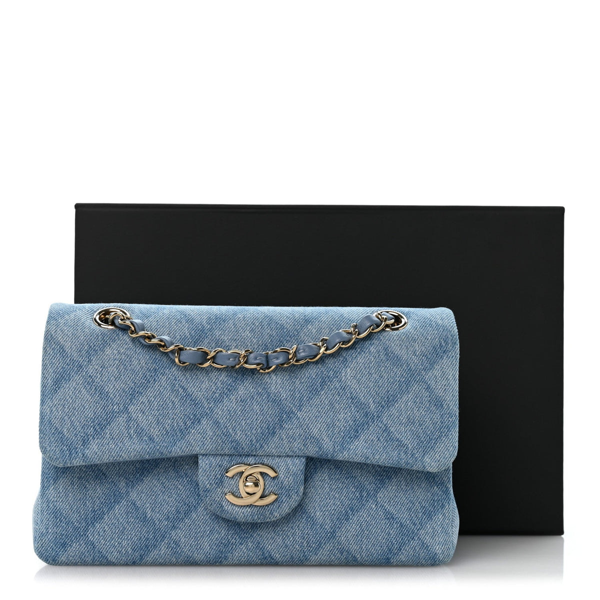 Printed Denim Quilted Small Double Flap Light Blue At My store