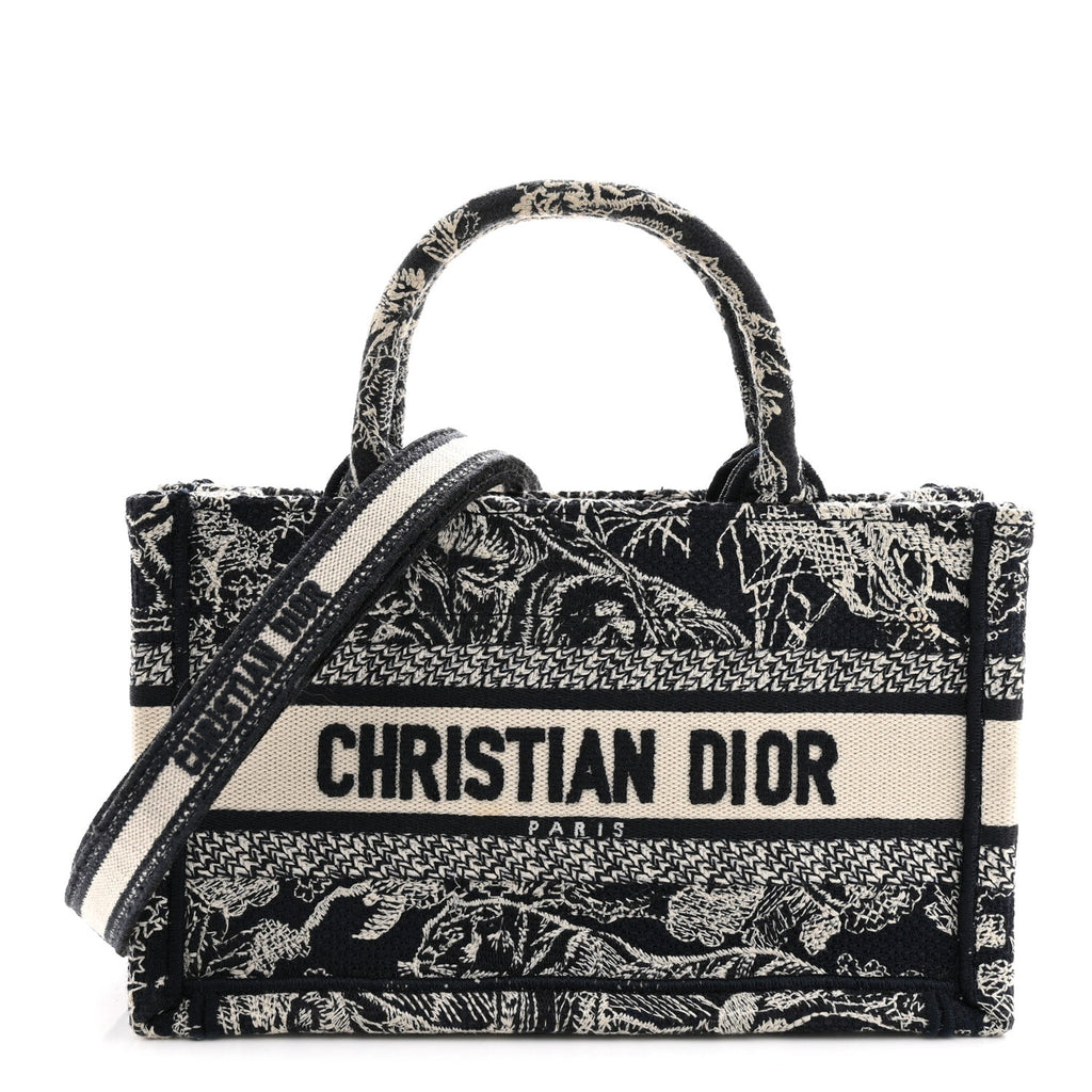 Canvas Embroidered Toile De Jouy Reverse Mini Book Tote With Strap Blue Multicolor AT My store