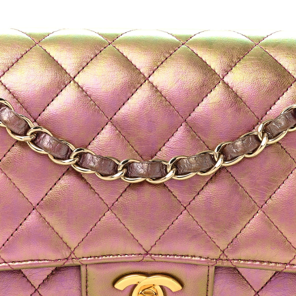 Iridescent Lambskin Quilted Medium Double Flap Purple At My store