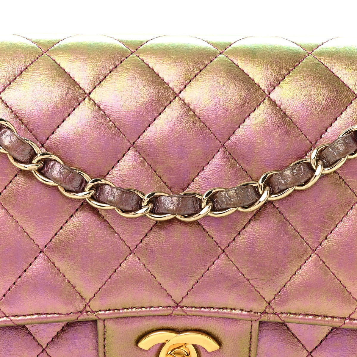 Iridescent Lambskin Quilted Medium Double Flap Purple At My store