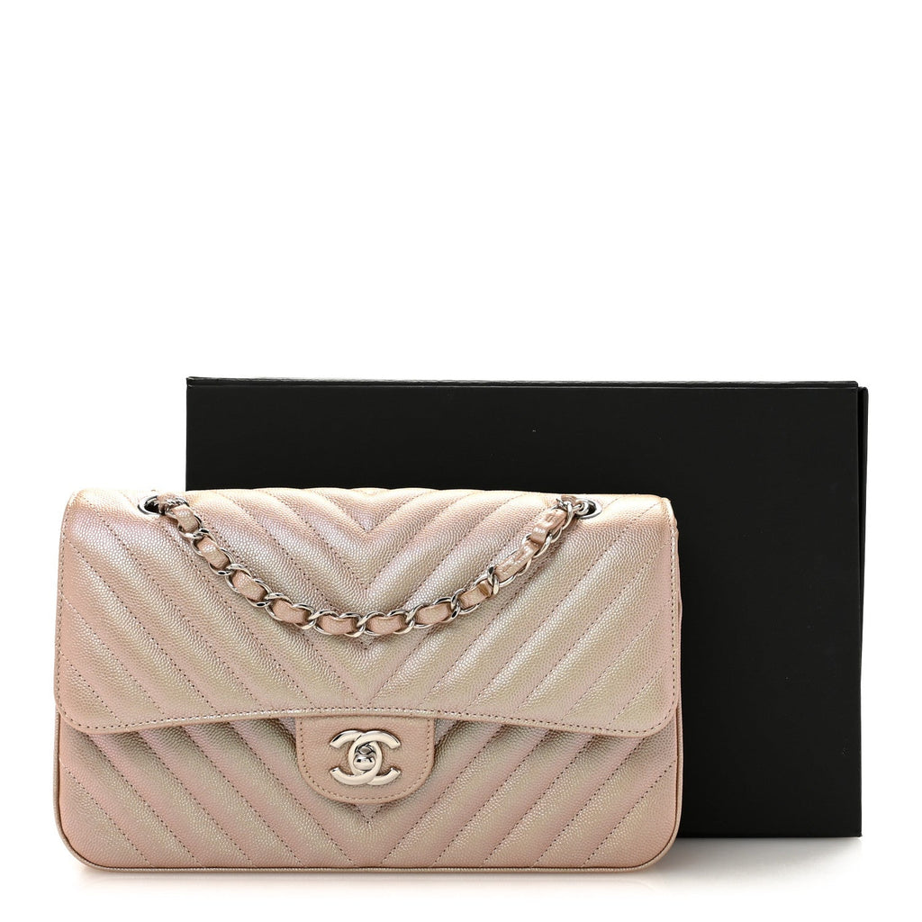 Metallic Caviar Chevron Quilted Medium Double Flap Light Gold At My store