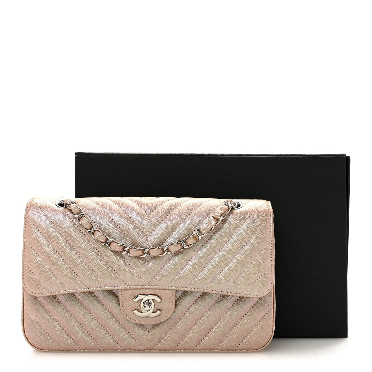 Metallic Caviar Chevron Quilted Medium Double Flap Light Gold At My store