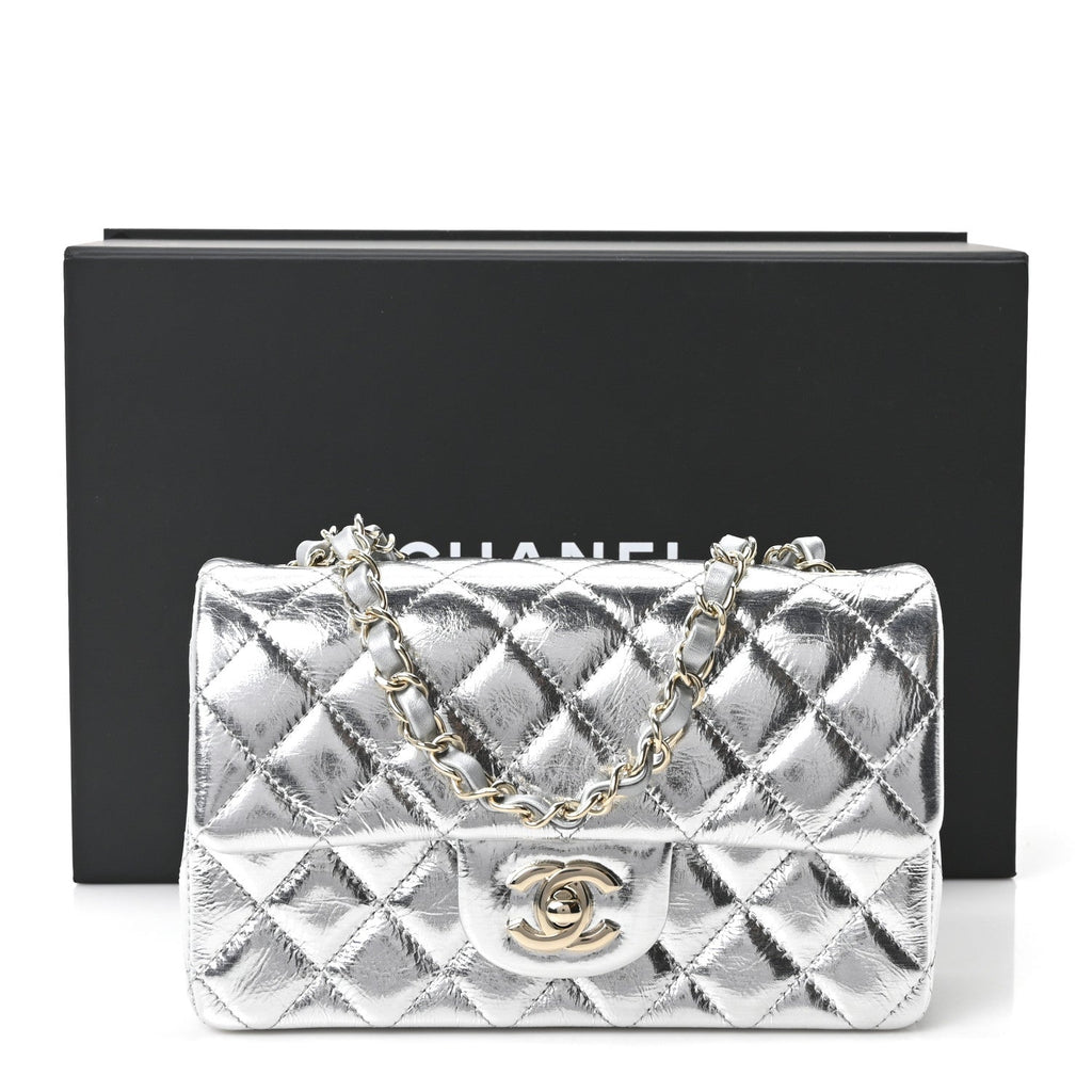 Hammered Metallic Calfskin Quilted Small Double Flap Silver At My store