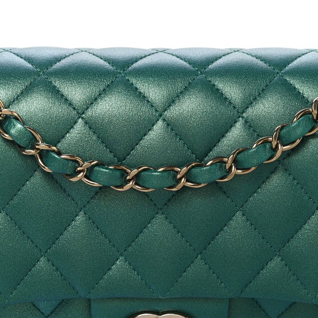 Iridescent Calfskin Quilted Medium Double Flap Green At My store