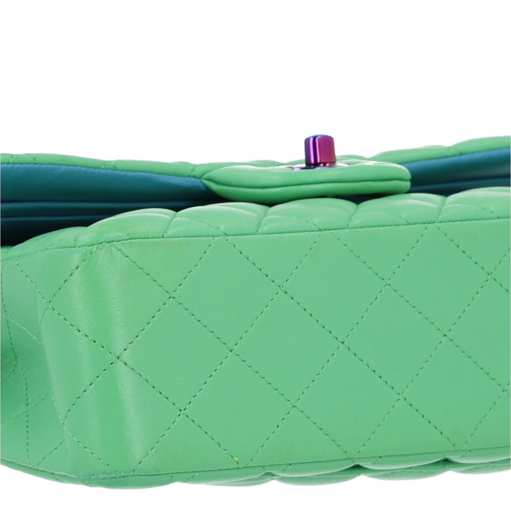 Lambskin Quilted Small Double Flap Green Blue At My store