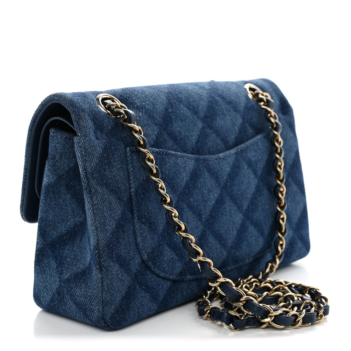 Printed Denim Quilted Small Double Flap Blue At My store