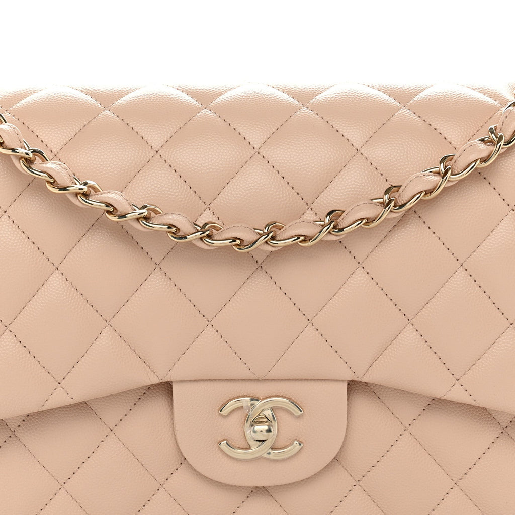Caviar Quilted Jumbo Double Flap Light Beige At My store