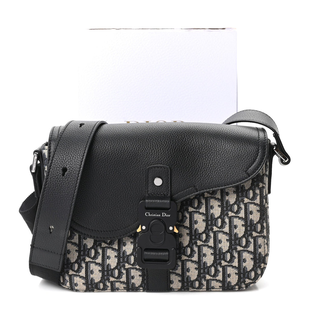 Oblique Jacquard Grained Calfskin Small Saddle Messenger Bag Beige Black AT My store