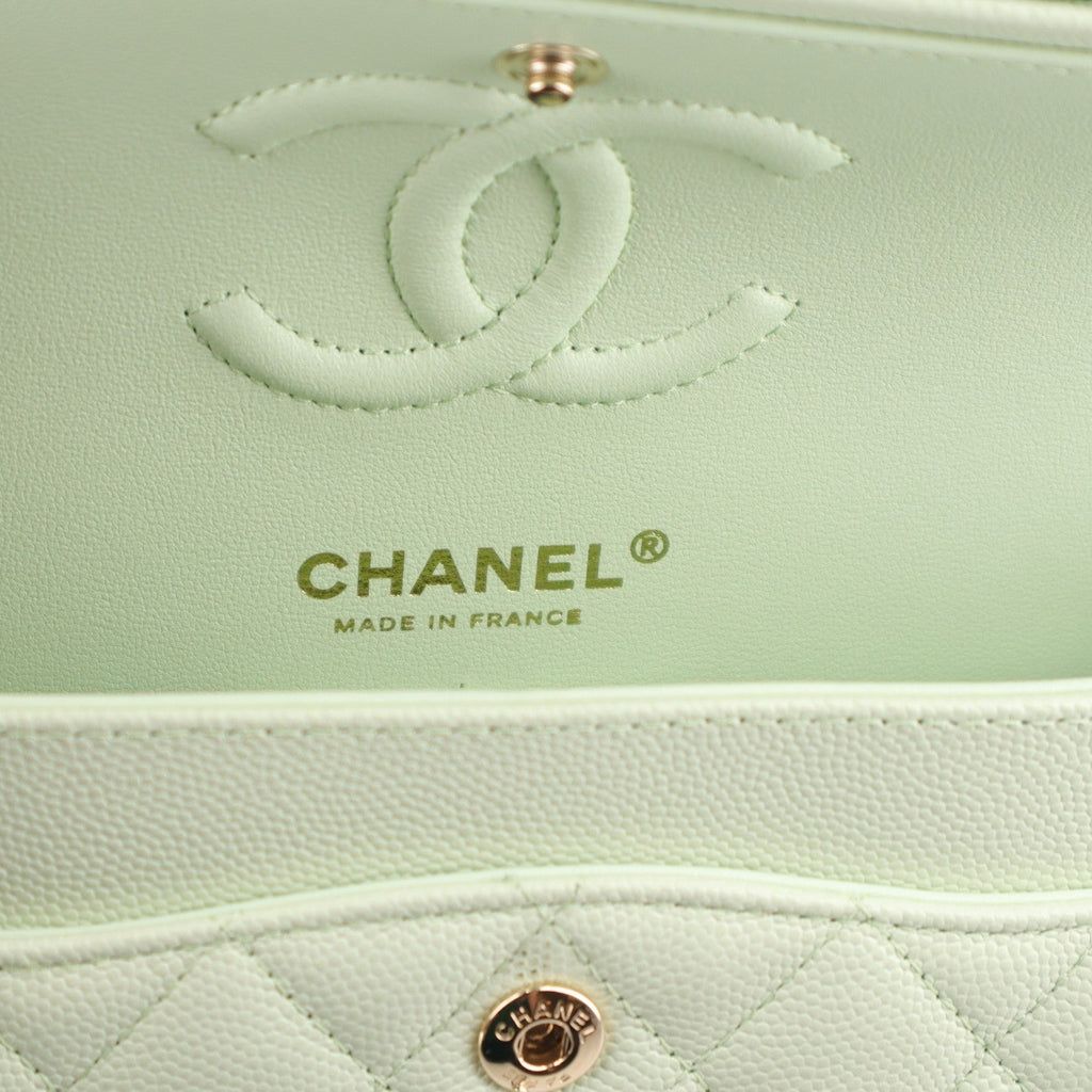 Caviar Quilted Small Double Flap Light Green At My store