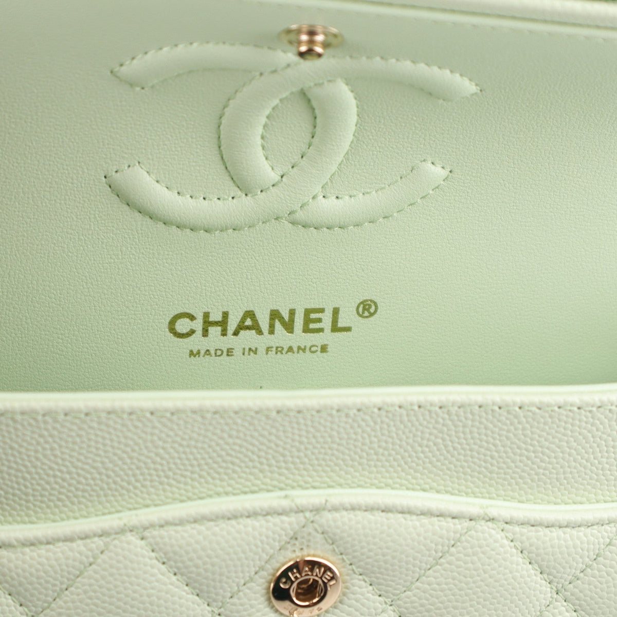 Caviar Quilted Small Double Flap Light Green At My store