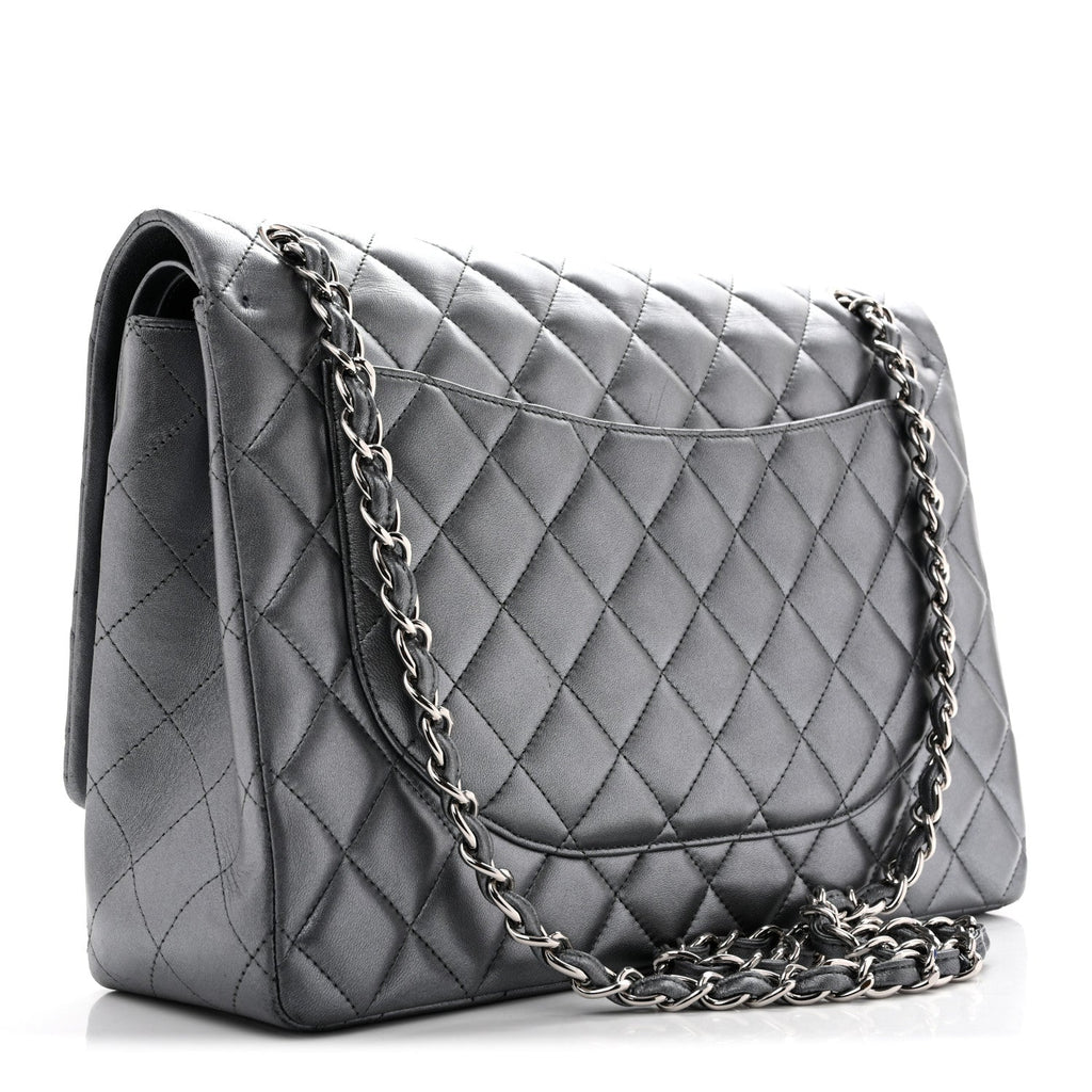 Metallic Lambskin Quilted Maxi Double Flap Pewter At My store