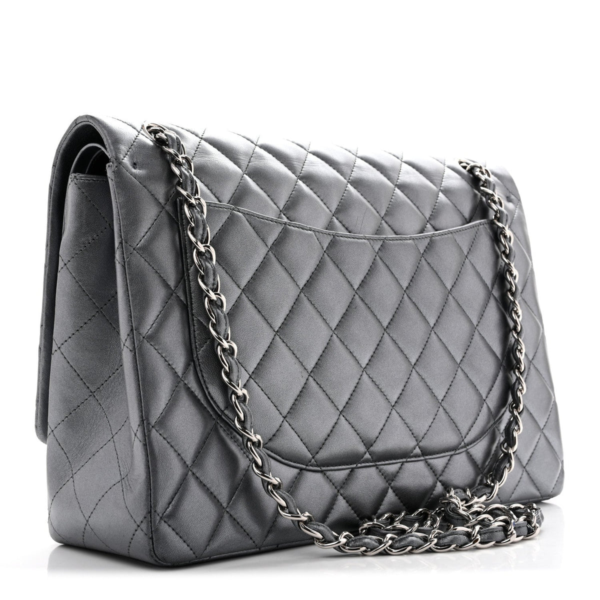 Metallic Lambskin Quilted Maxi Double Flap Pewter At My store