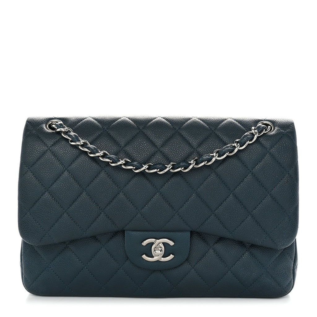 Metallic Caviar Quilted Jumbo Double Flap Dark Blue At My store