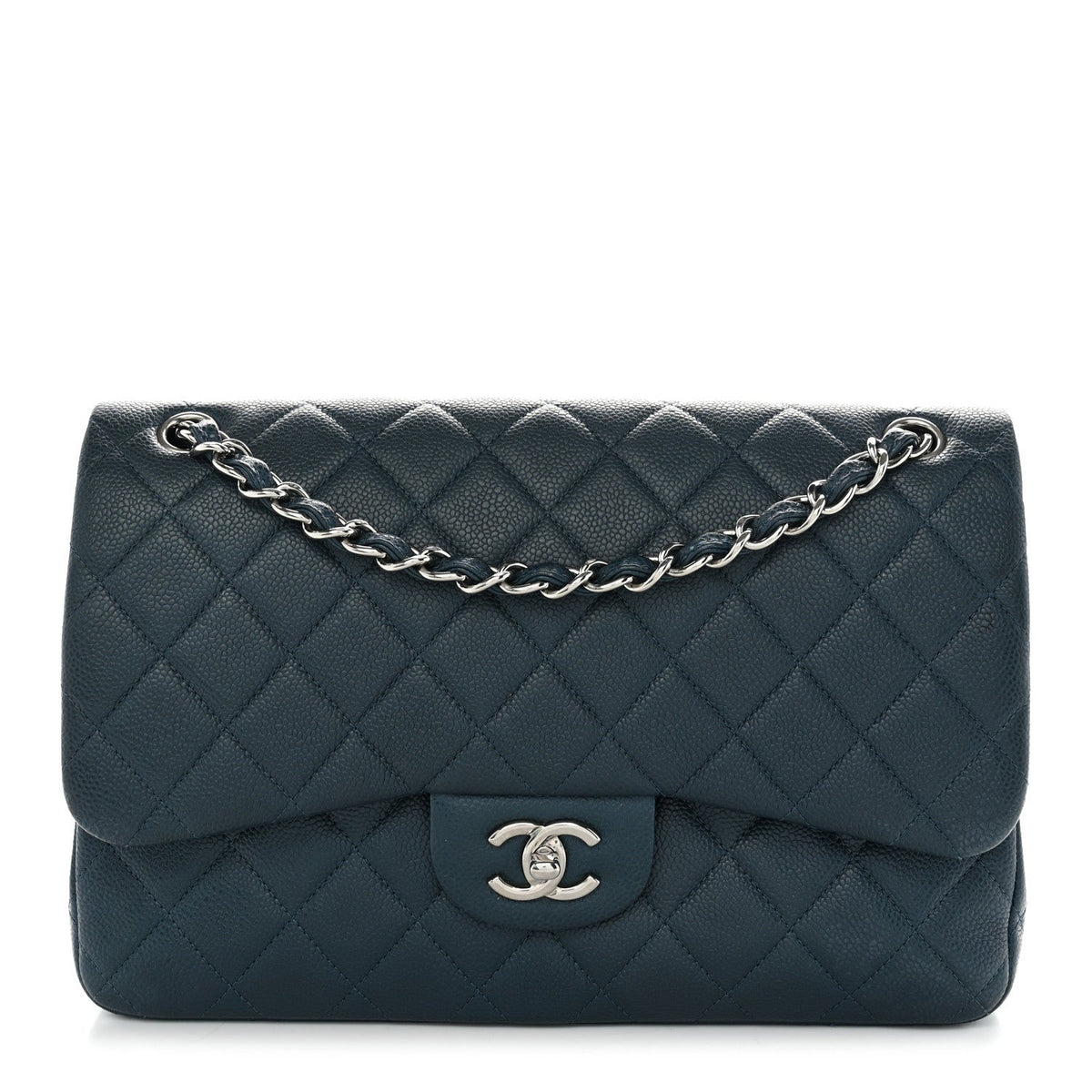 Metallic Caviar Quilted Jumbo Double Flap Dark Blue At My store