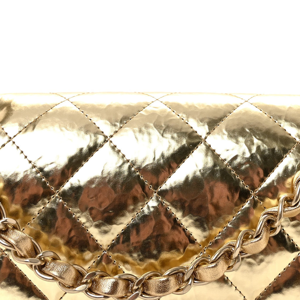 Hammered Metallic Calfskin Quilted Small Double Flap Gold At My store