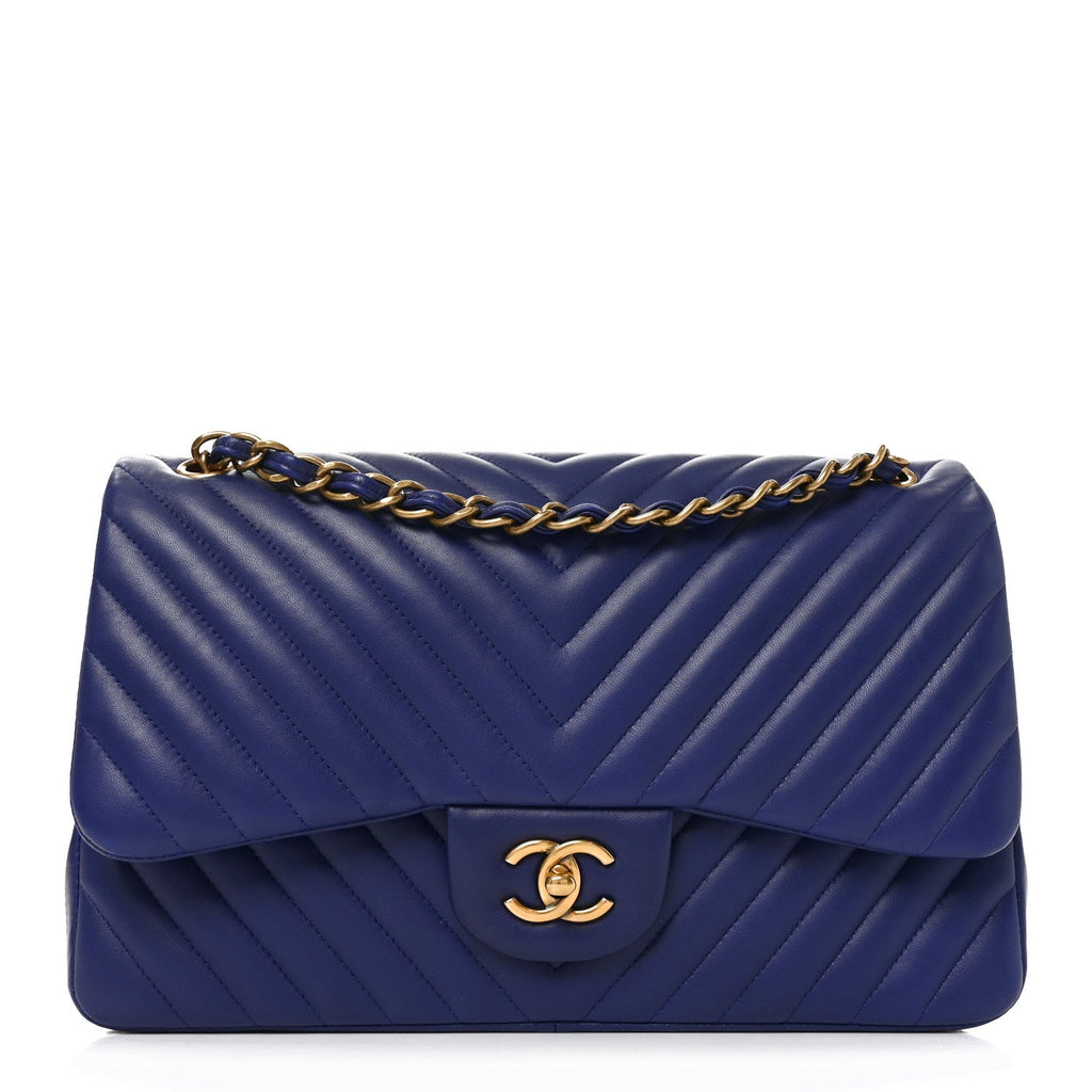 Lambskin Chevron Quilted Jumbo Double Flap Navy Blue At My store