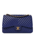Lambskin Chevron Quilted Jumbo Double Flap Navy Blue At My store