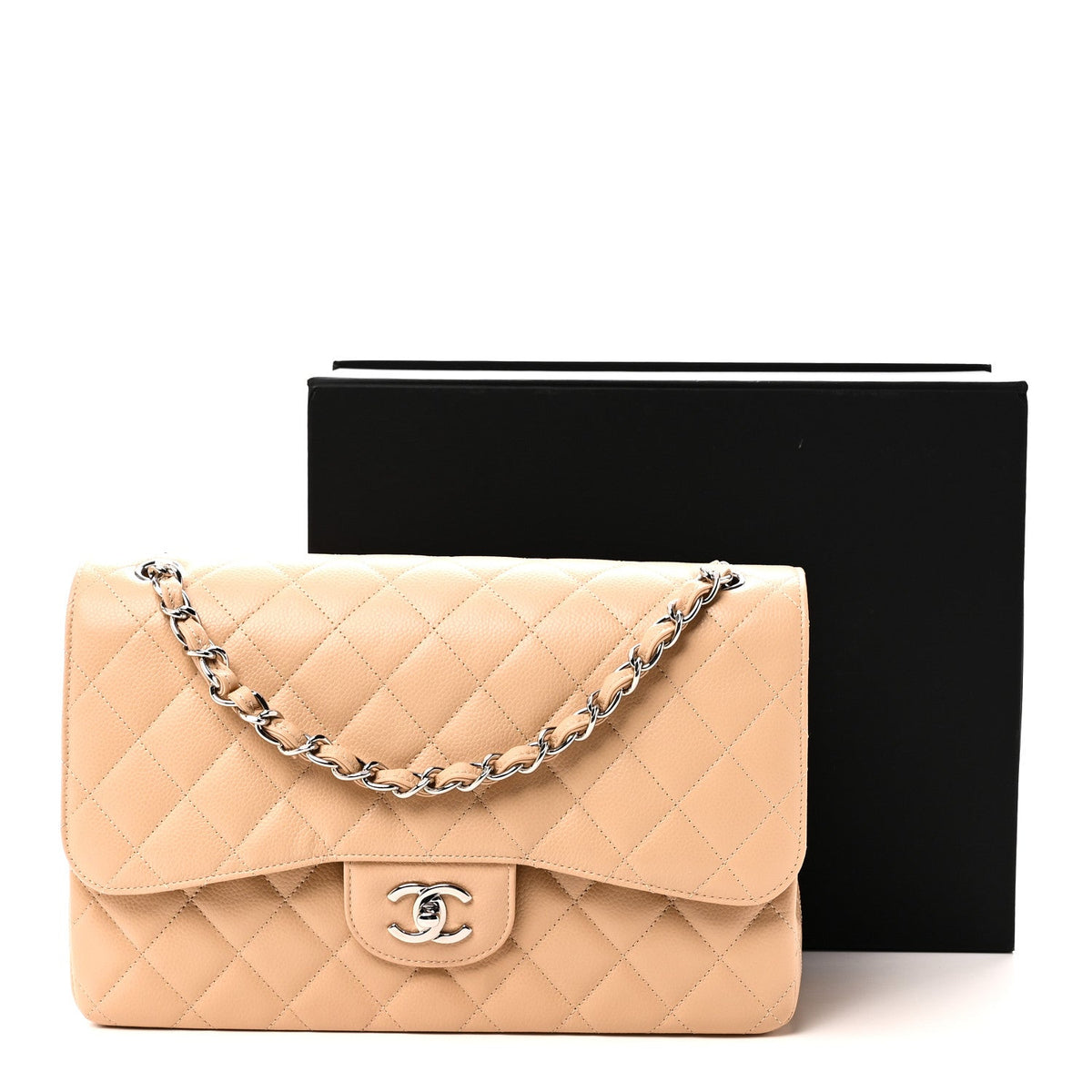 Caviar Quilted Jumbo Double Flap Beige At My store