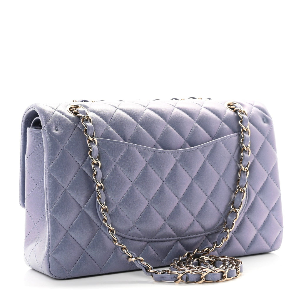 Iridescent Lambskin Quilted Medium Double Flap Light Purple At My store