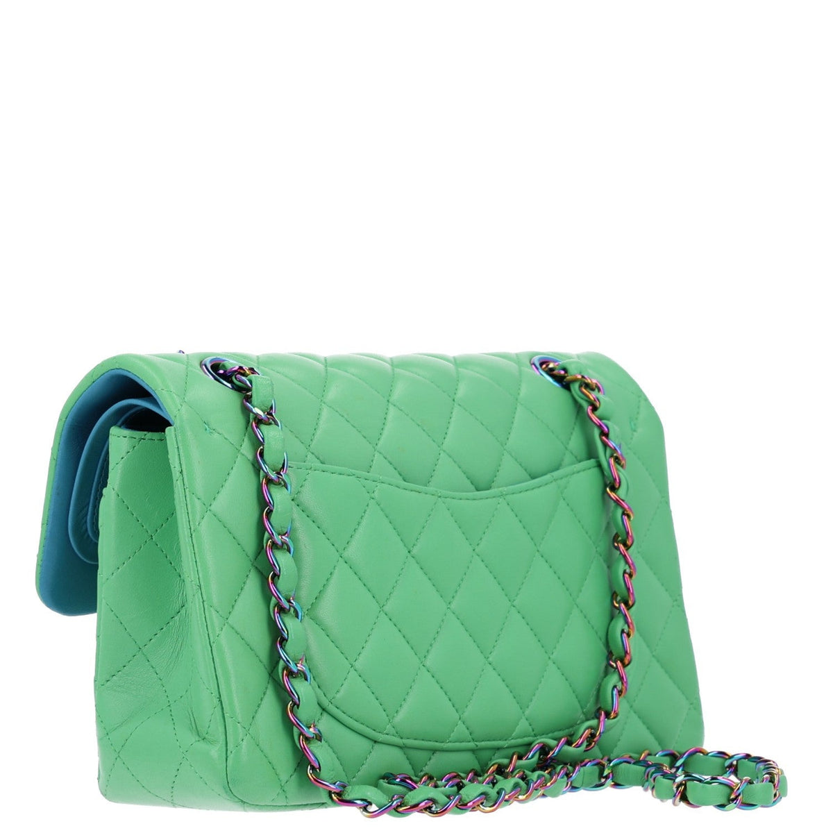Lambskin Quilted Small Double Flap Green Blue At My store