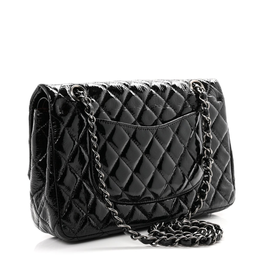 Crumpled Patent Quilted Medium Double Flap Black At My store