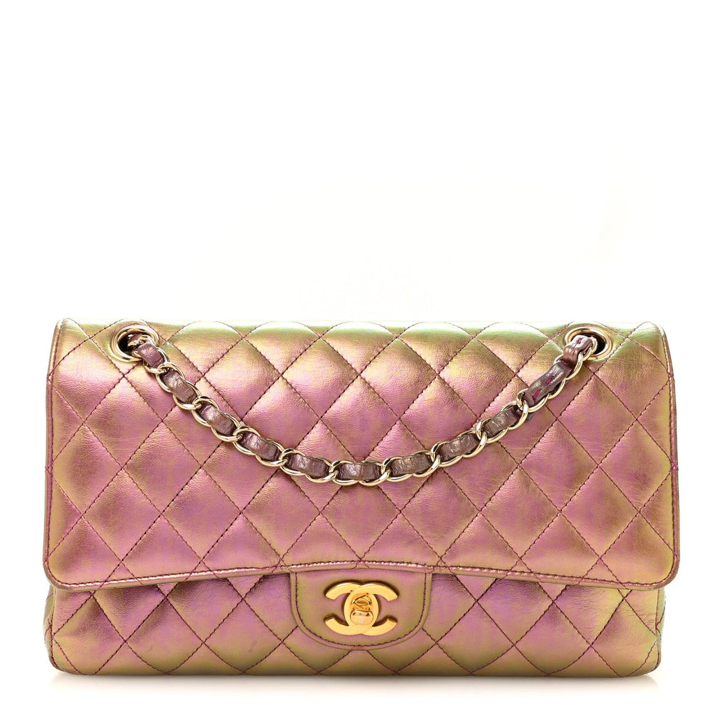 Iridescent Lambskin Quilted Medium Double Flap Purple At My store