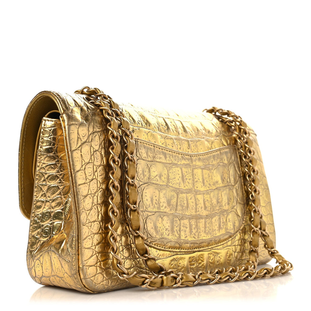 Metallic Calfskin Crocodile Embossed Cocodile Medium Double Flap Gold At My store