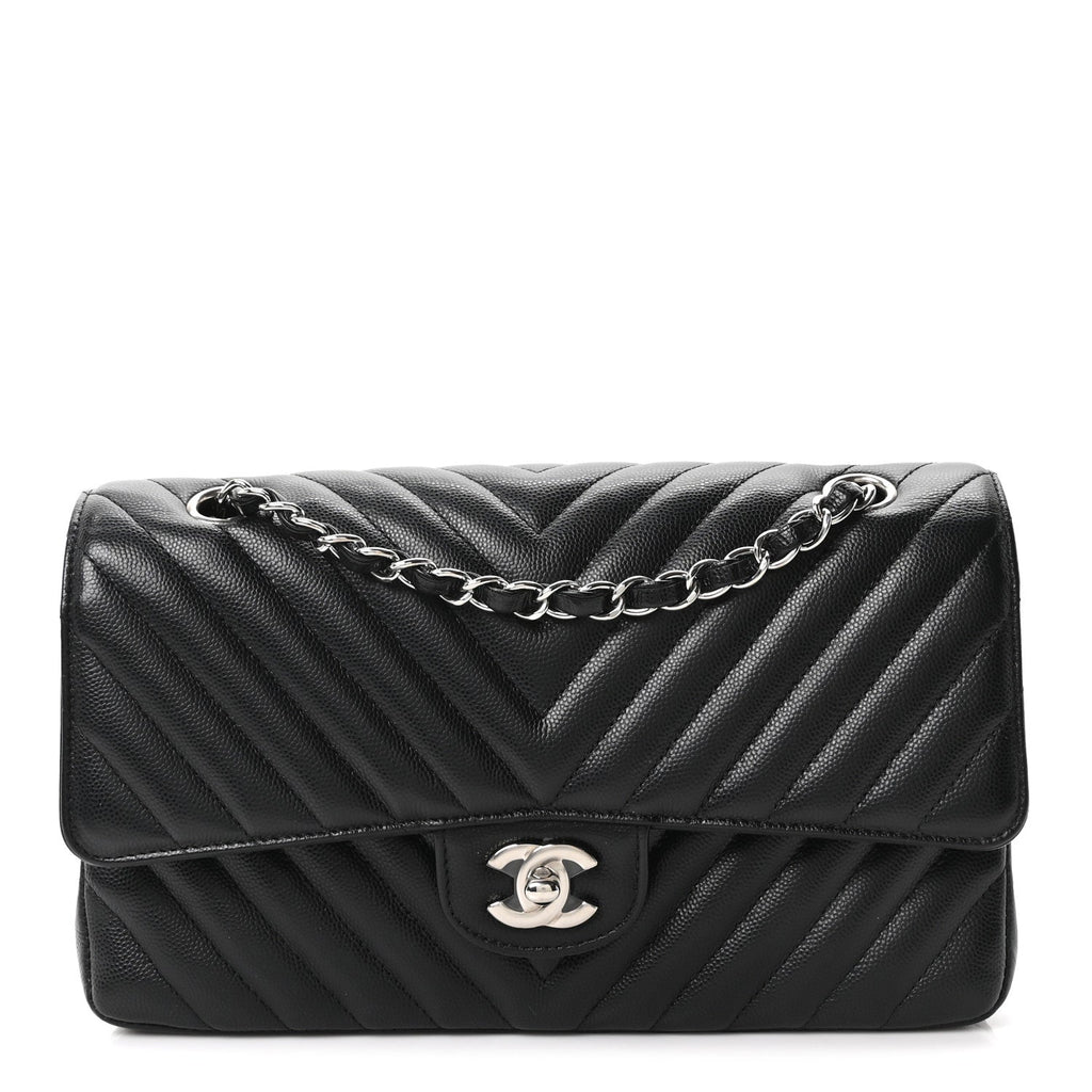 Caviar Chevron Quilted Medium Double Flap Black At My store