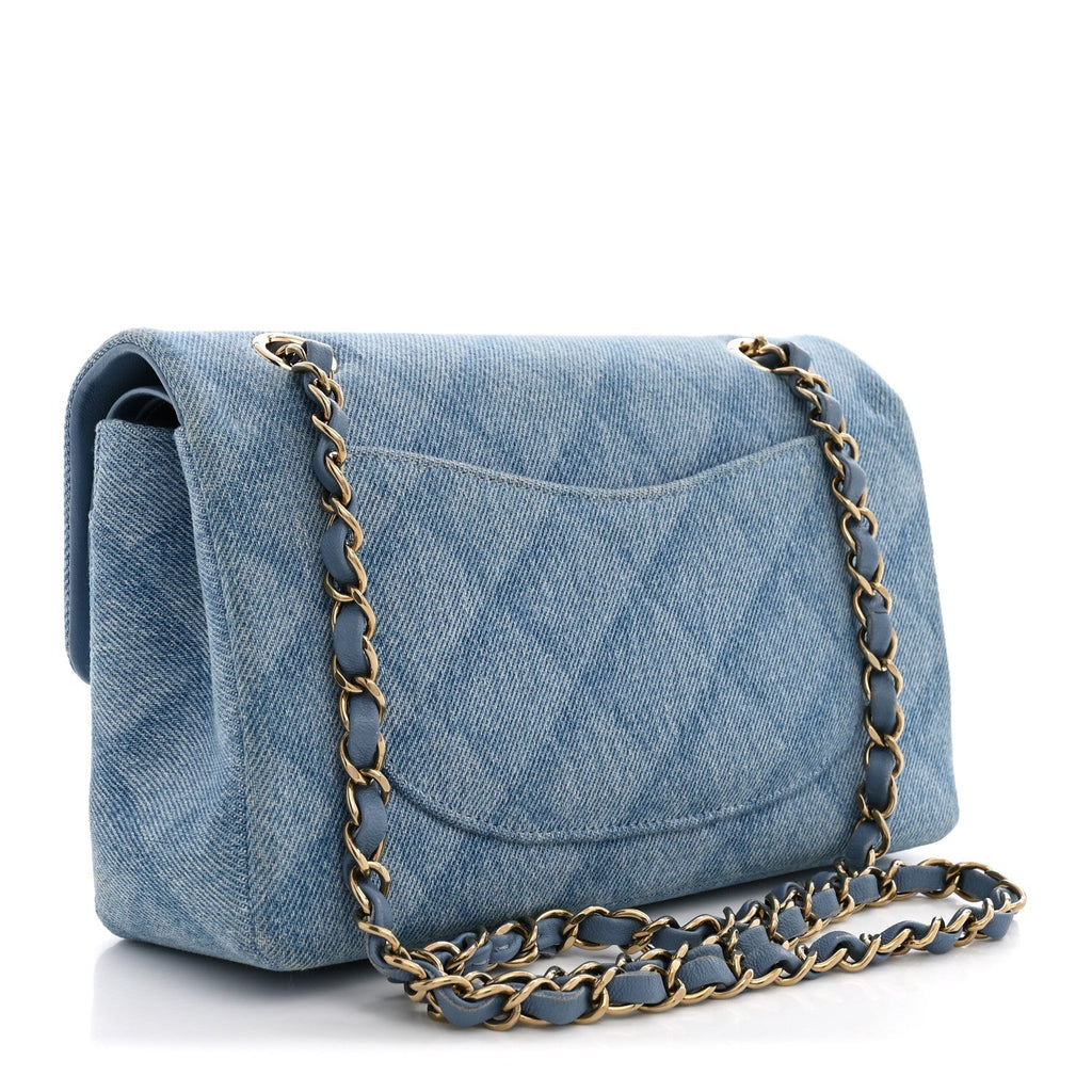 Printed Denim Quilted Small Double Flap Light Blue At My store