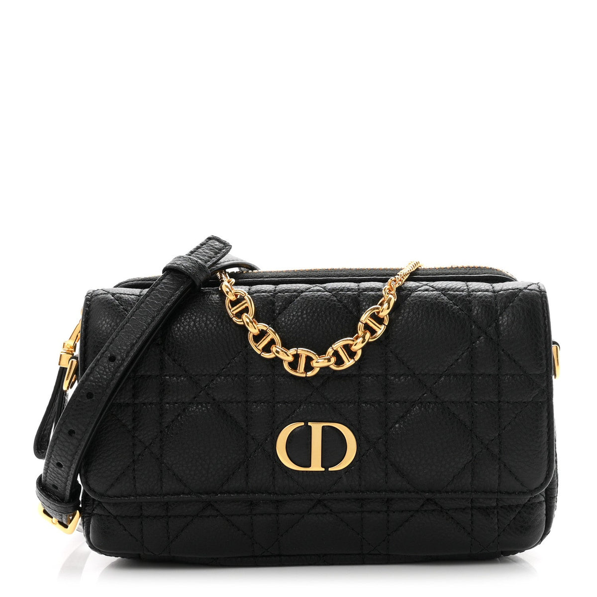 Supple Calfskin Cannage Caro Pouch With Chain  Black AT My store