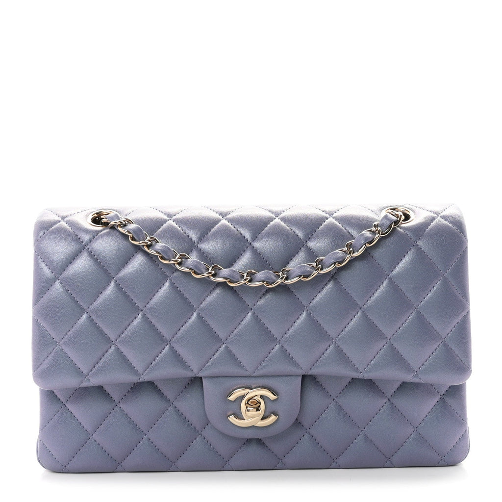 Iridescent Lambskin Quilted Medium Double Flap Light Purple At My store