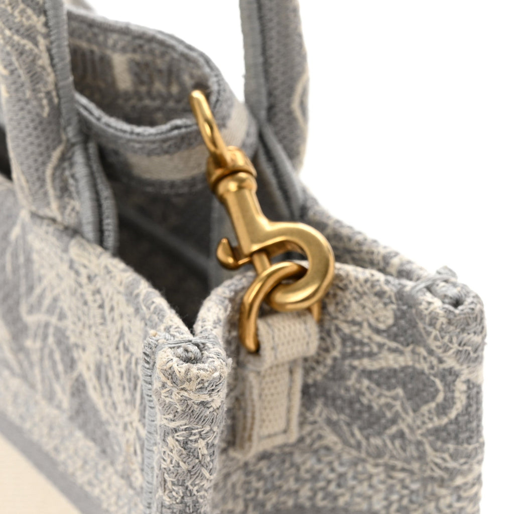 Canvas Embroidered Toile De Jouy Reverse Mini Book Tote With Strap Grey AT My store
