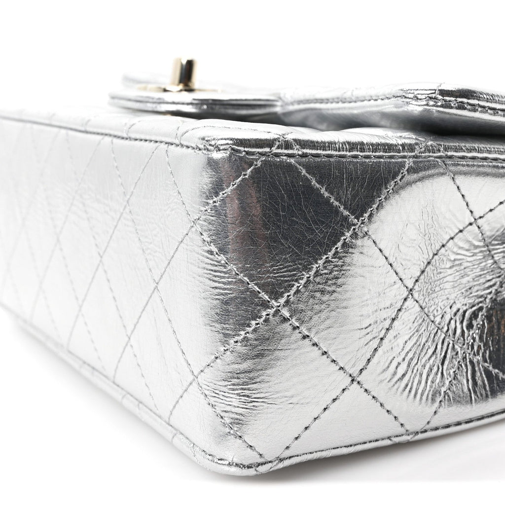 Hammered Metallic Calfskin Quilted Small Double Flap Silver At My store