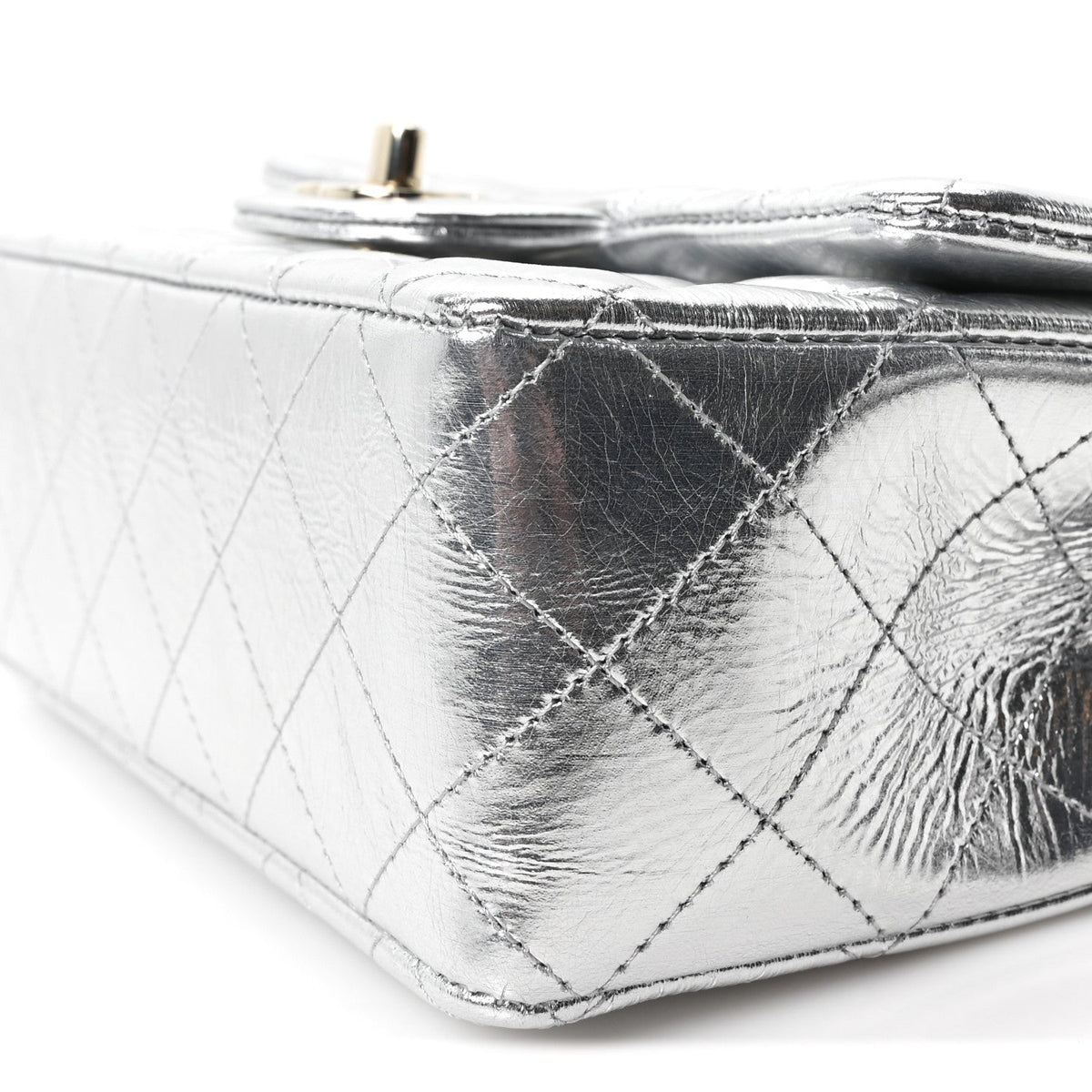 Hammered Metallic Calfskin Quilted Small Double Flap Silver At My store