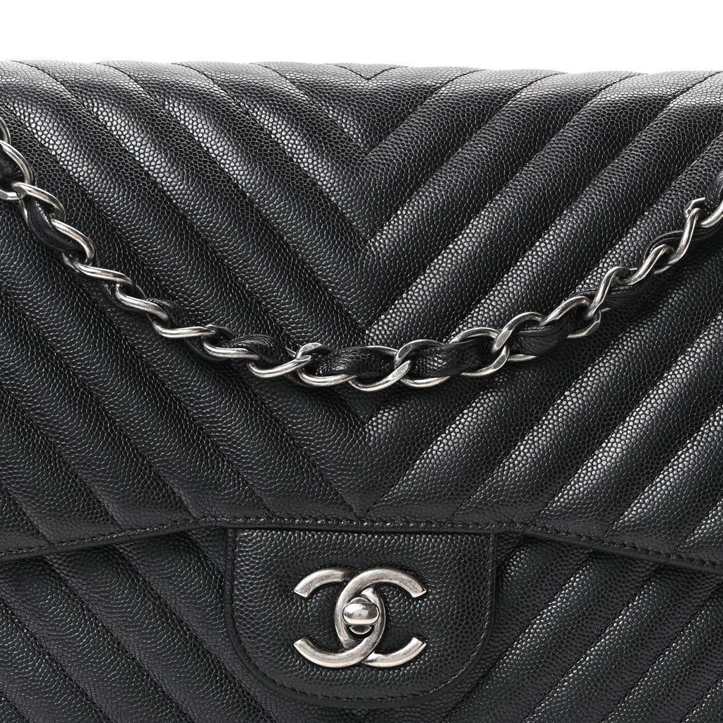 Iridescent Caviar Chevron Quilted Jumbo Double Flap Black At My store