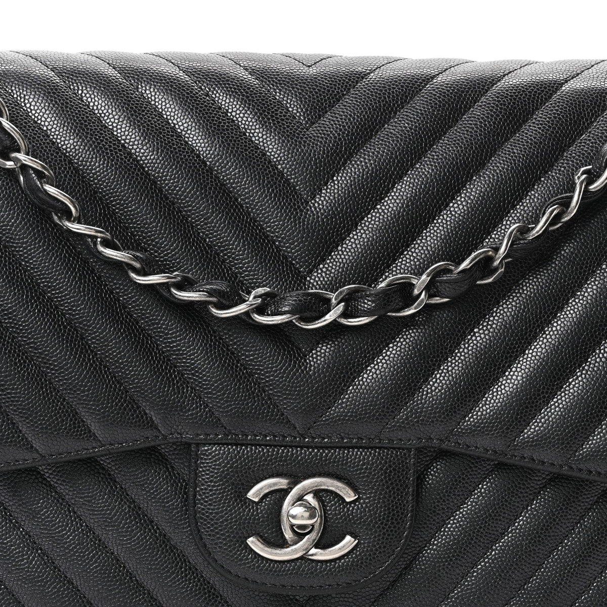 Iridescent Caviar Chevron Quilted Jumbo Double Flap Black At My store