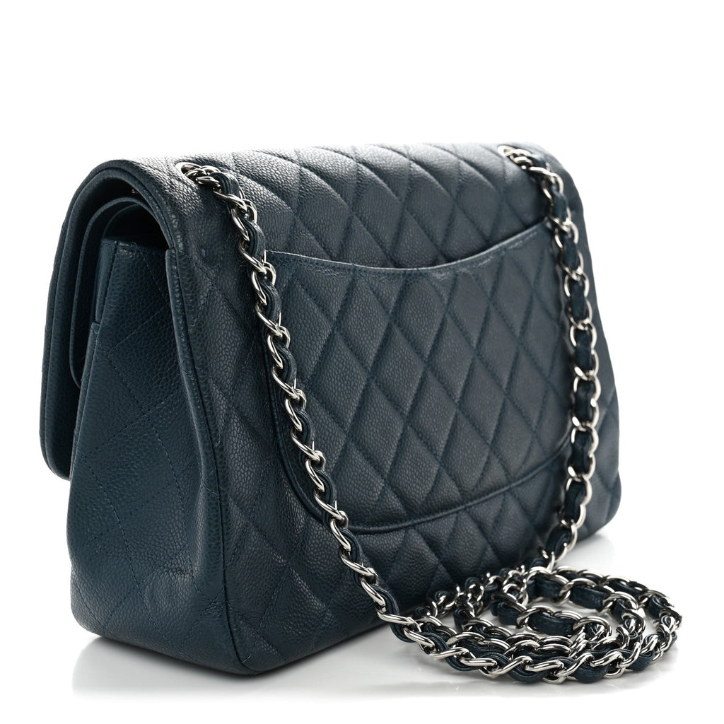 Metallic Caviar Quilted Jumbo Double Flap Dark Blue At My store