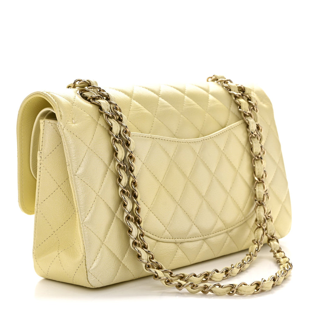 Cloudy Pearly Goatskin Quilted Medium Double Flap Light Yellow At My store