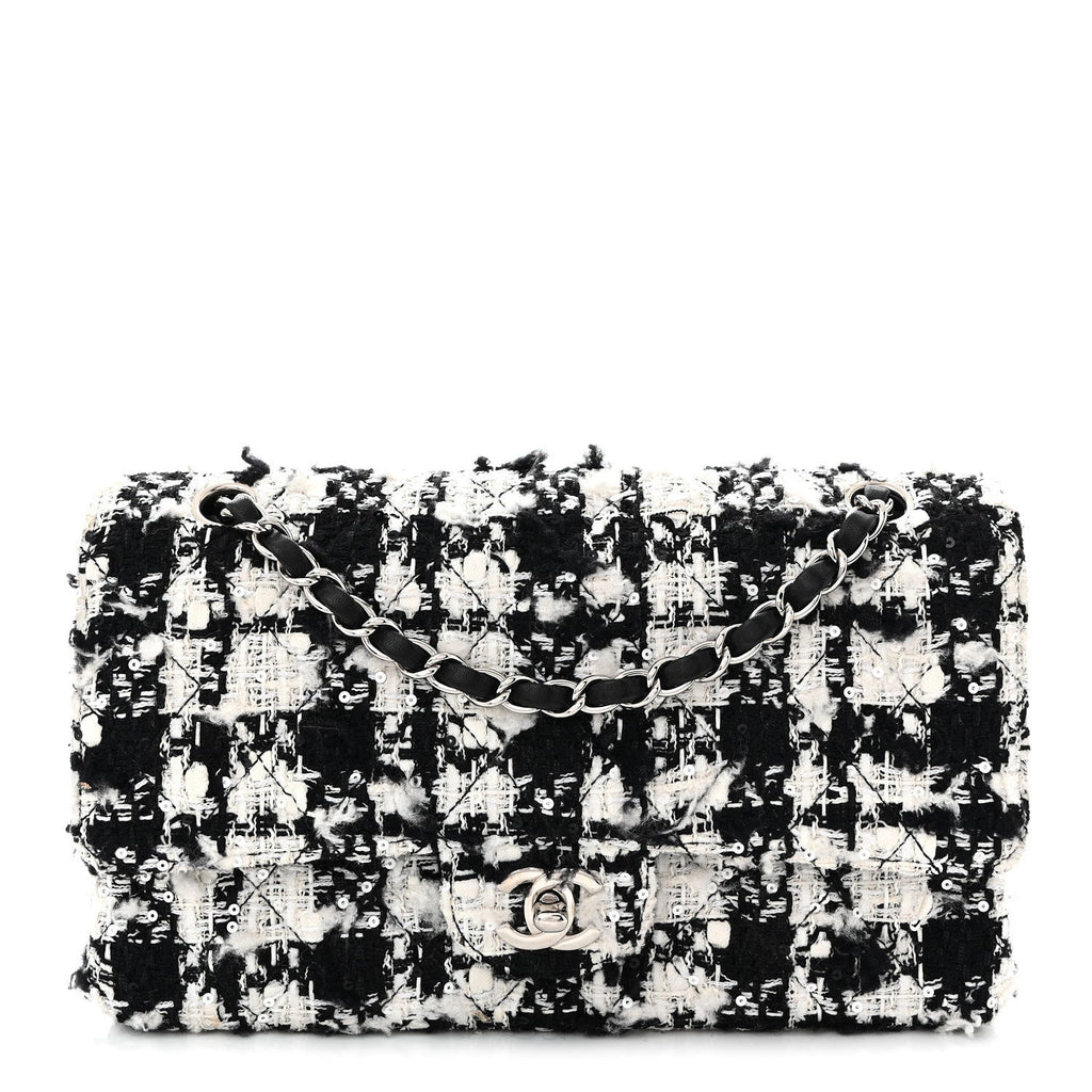 Tweed Sequin Quilted Medium Double Flap Black White At My store