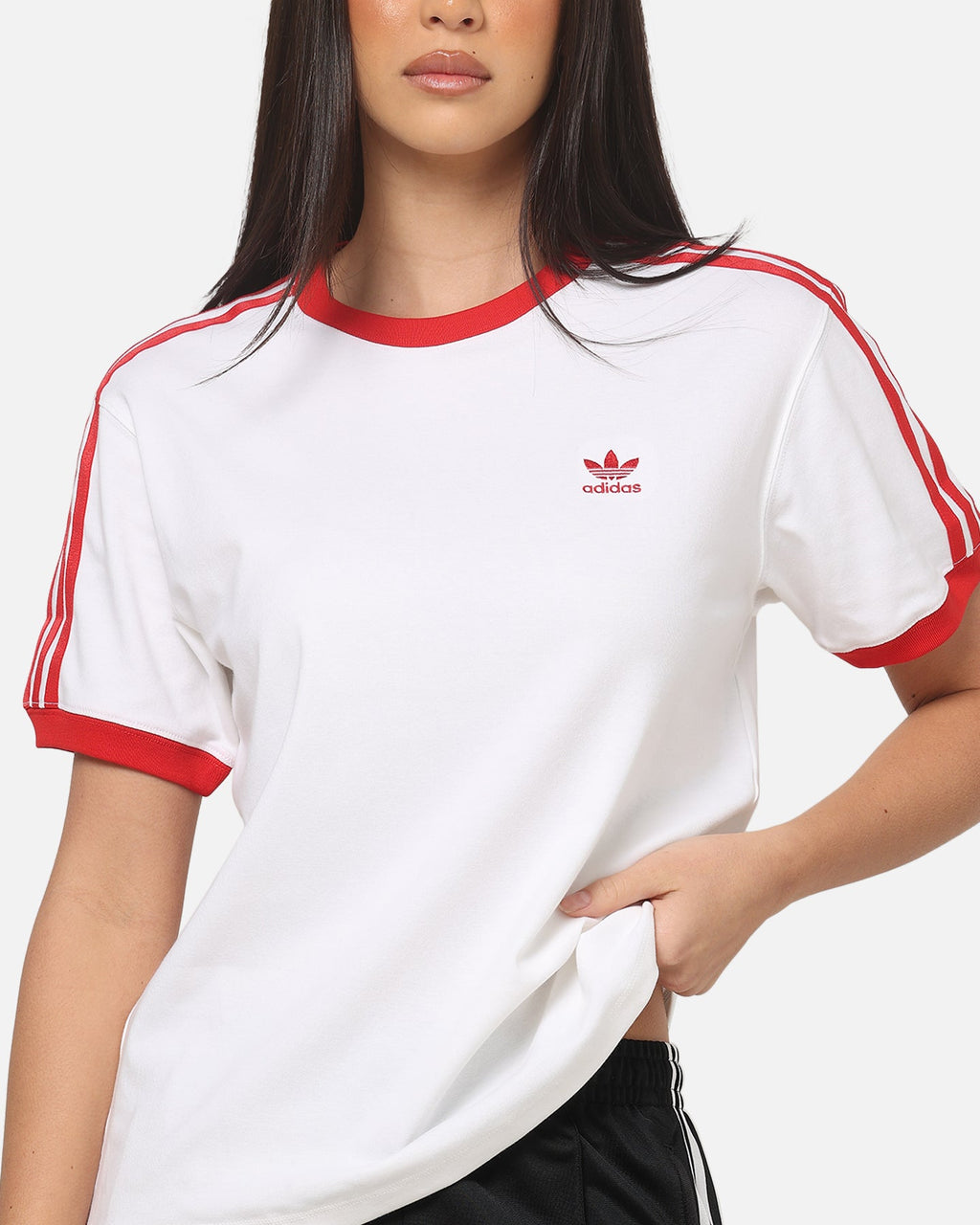 Best-Selling Adidas Women's 3 Stripe T-Shirt White/Red