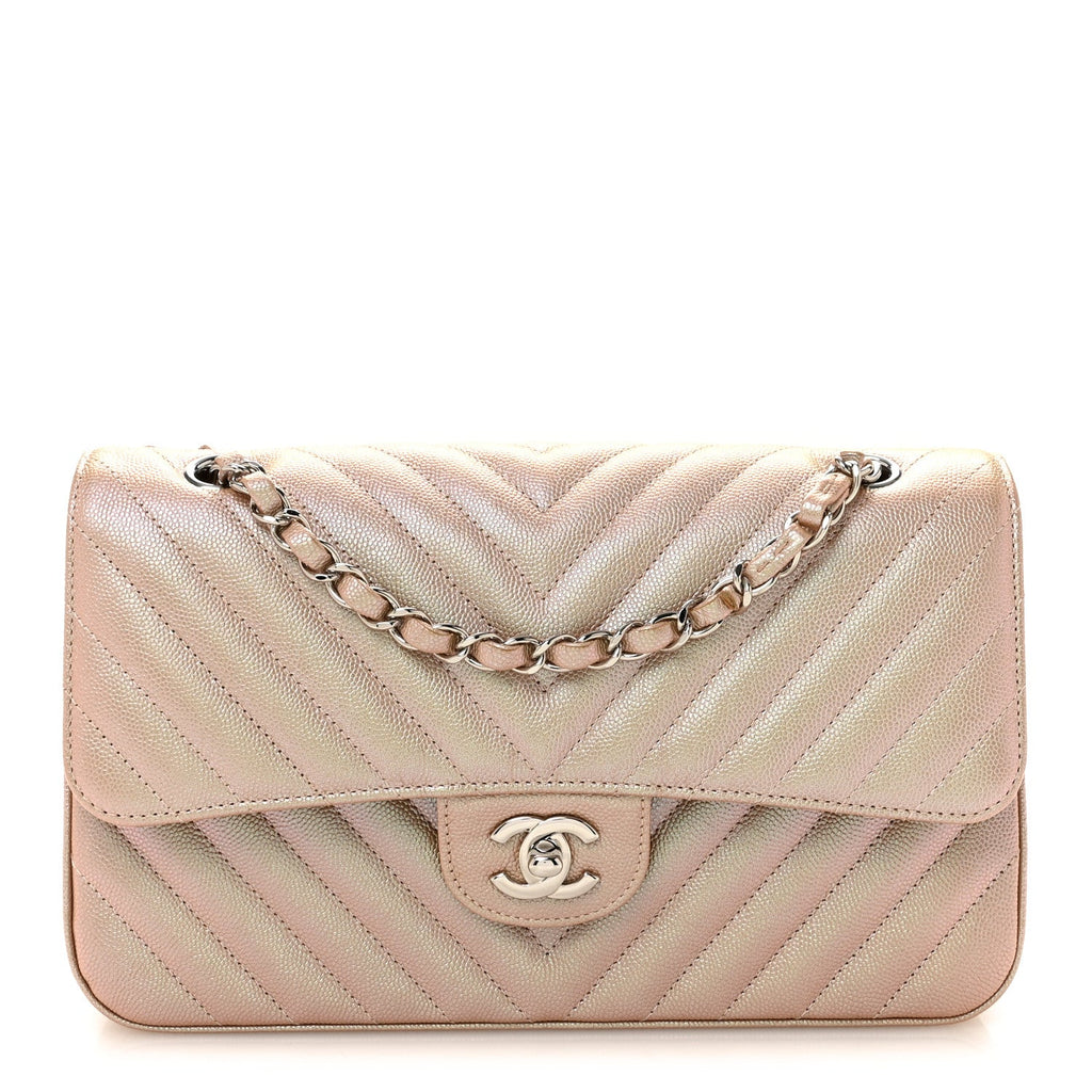 Metallic Caviar Chevron Quilted Medium Double Flap Light Gold At My store