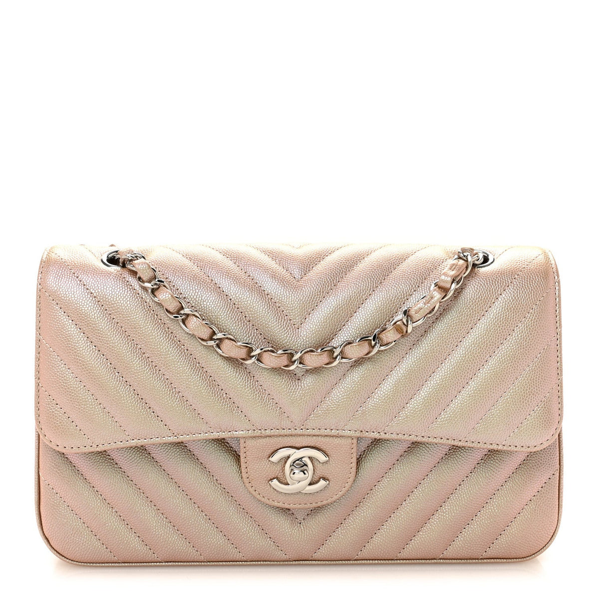 Metallic Caviar Chevron Quilted Medium Double Flap Light Gold At My store