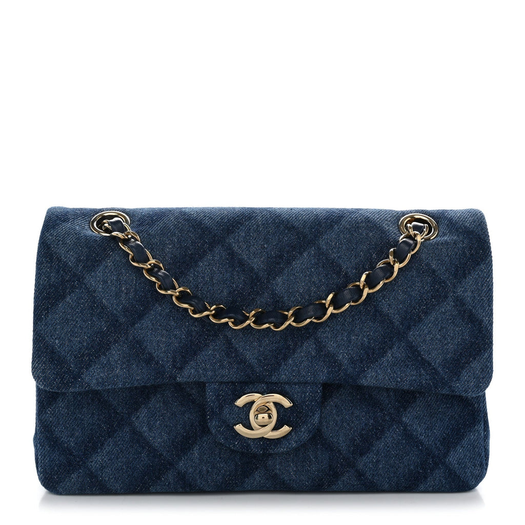 Printed Denim Quilted Small Double Flap Blue At My store