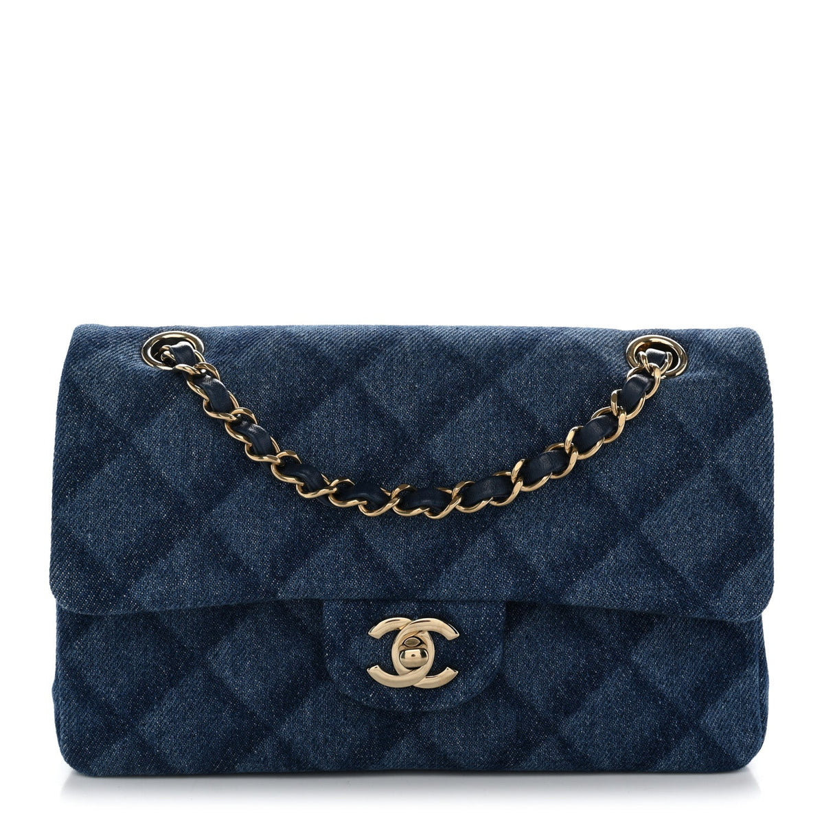 Printed Denim Quilted Small Double Flap Blue At My store