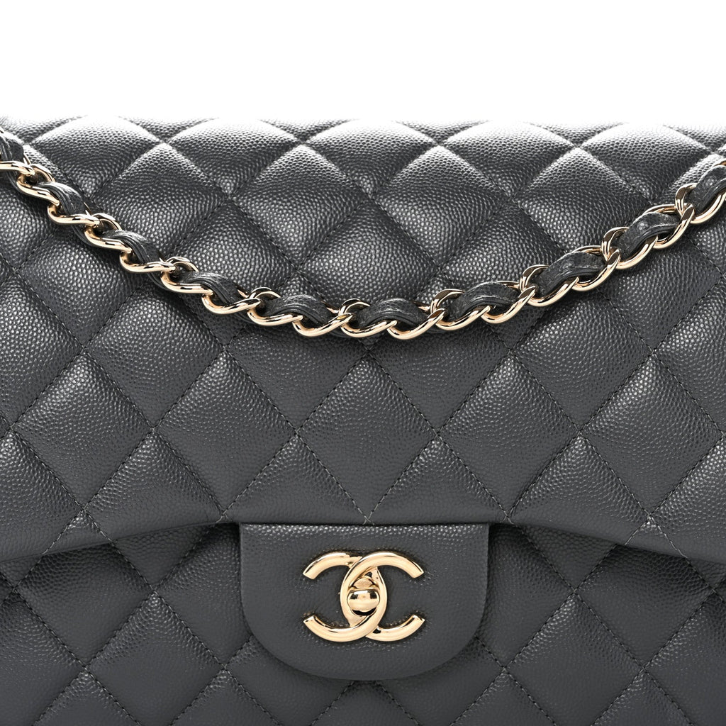 Caviar Quilted Jumbo Double Flap Dark Grey At My store