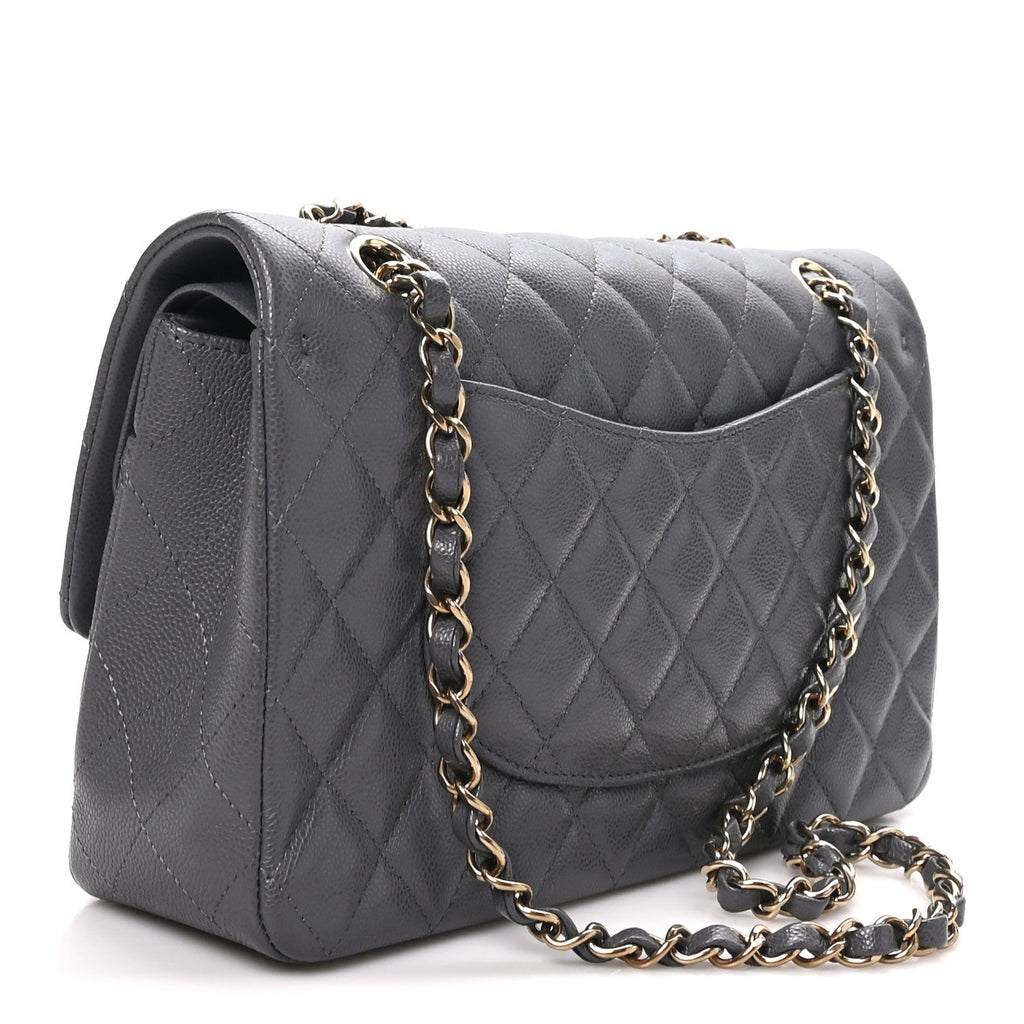 Caviar Quilted Medium Double Flap Dark Grey At My store