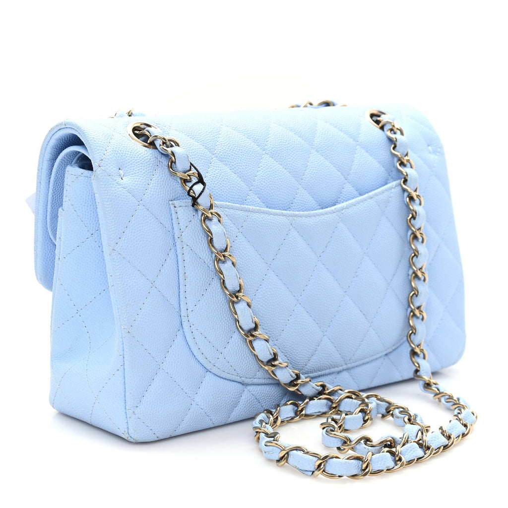 Caviar Quilted Small Double Flap Light Blue At My store