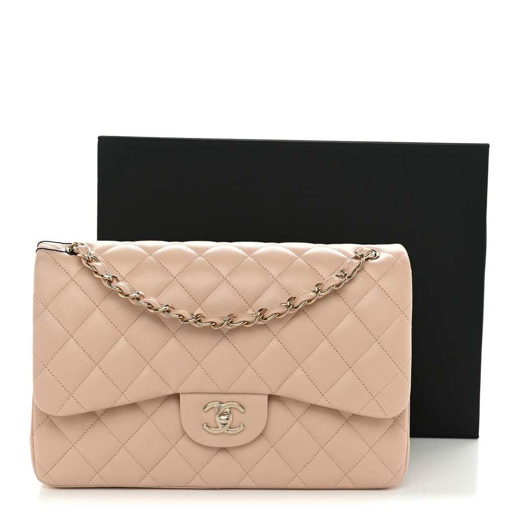 Caviar Quilted Jumbo Double Flap Light Beige At My store