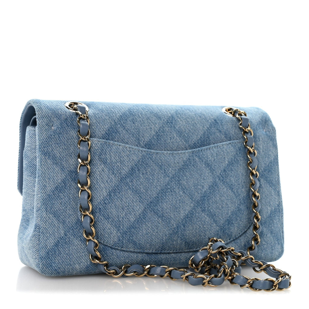 Printed Denim Quilted Small Double Flap Light Blue At My store